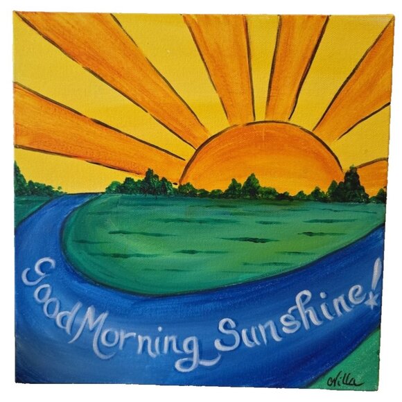 Good Morning Sunshine Original Landscape Canvas Painting Signed by CVilla 12x12 - Picture 1 of 5
